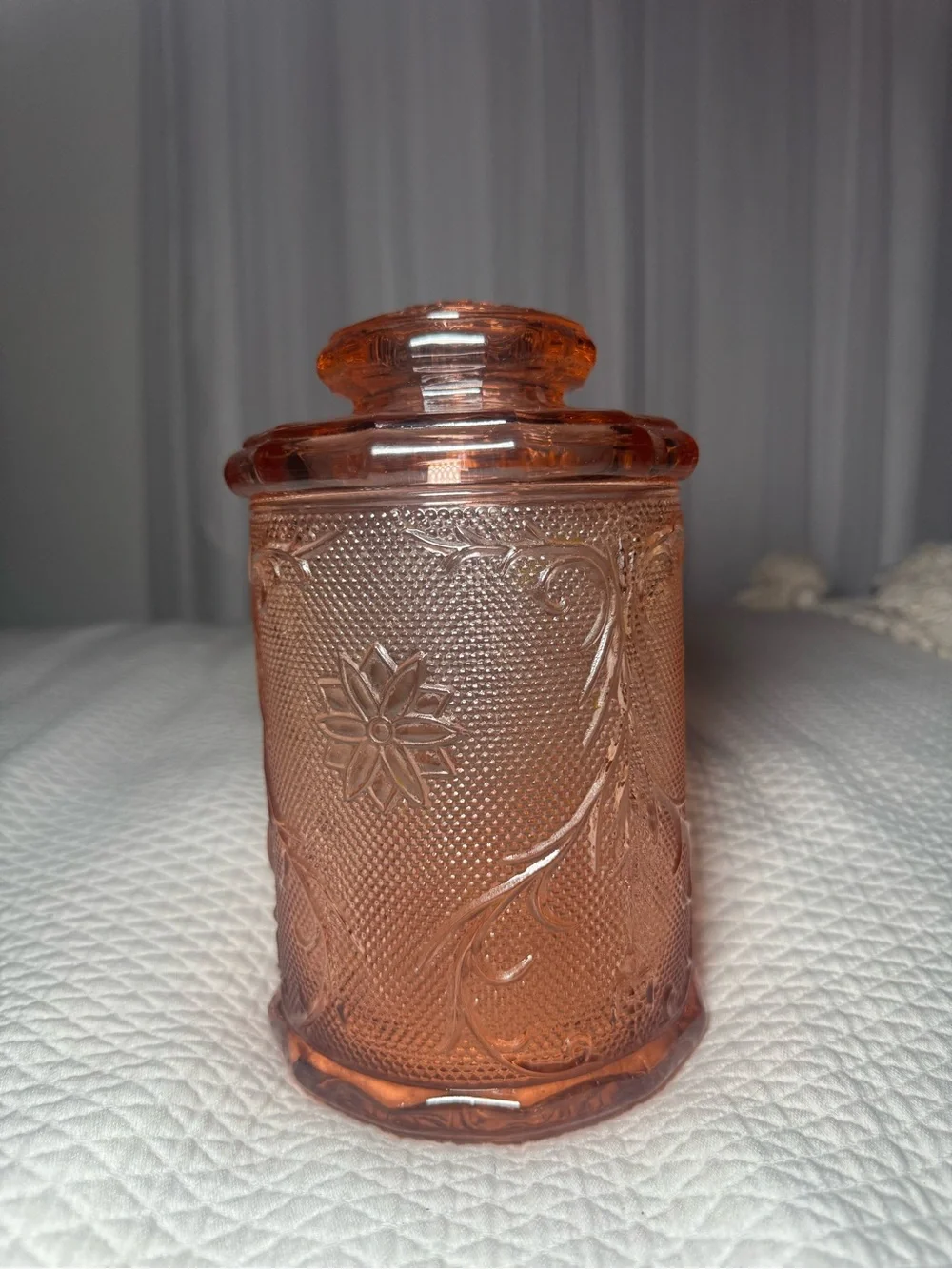 Vintage Tiara Indiana Glass Sandwich Pink LARGE Canister Jar w/ Lid Floral